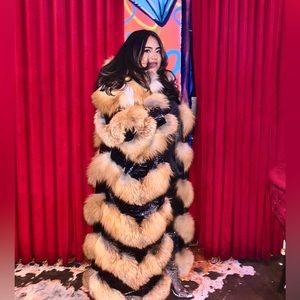 Red Fox Fur & Leather Custom Made Coat with Oversized Hood